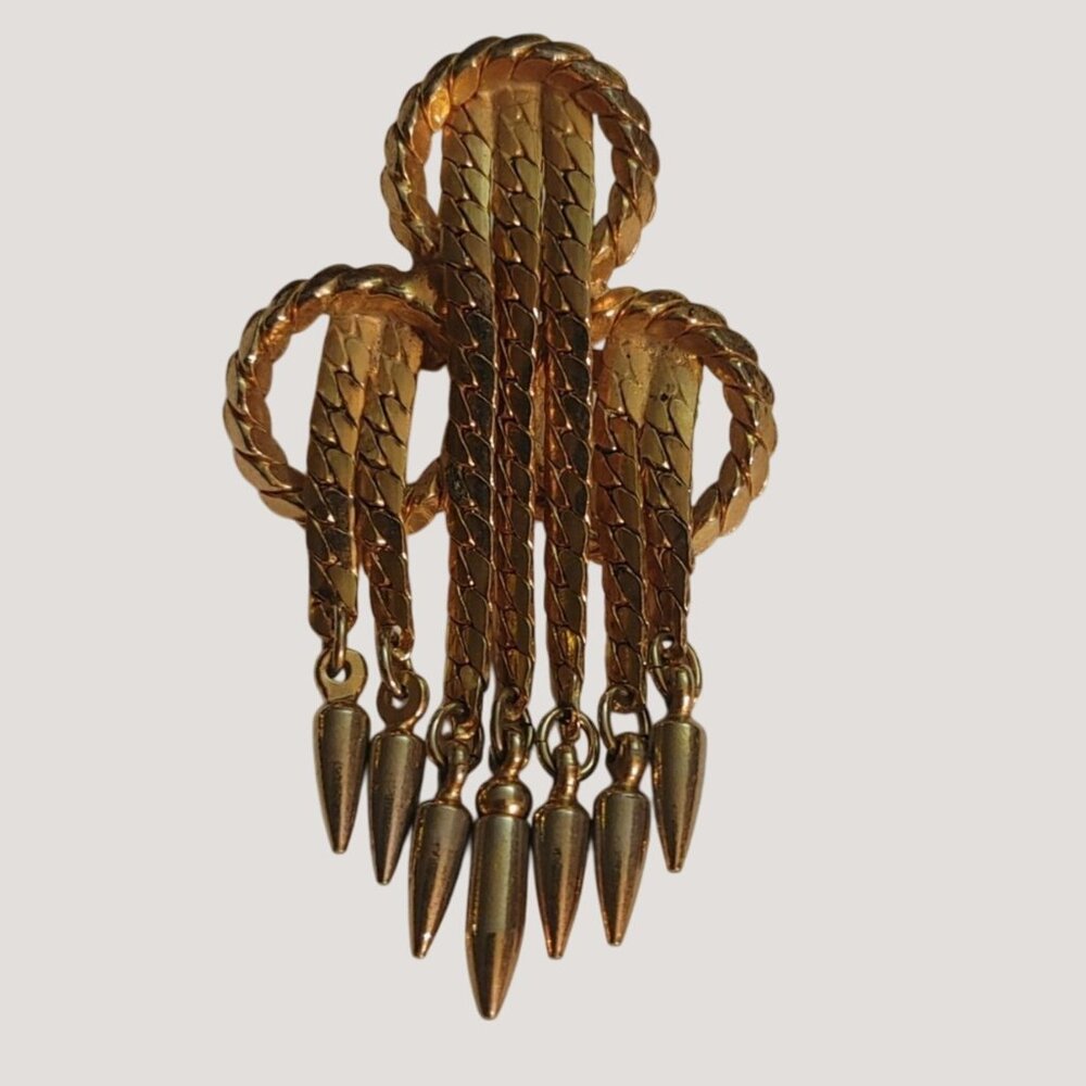 Vintage Brooch Braided Gold Tone Small Dangling Chain Bullet Tassel Shape Accent